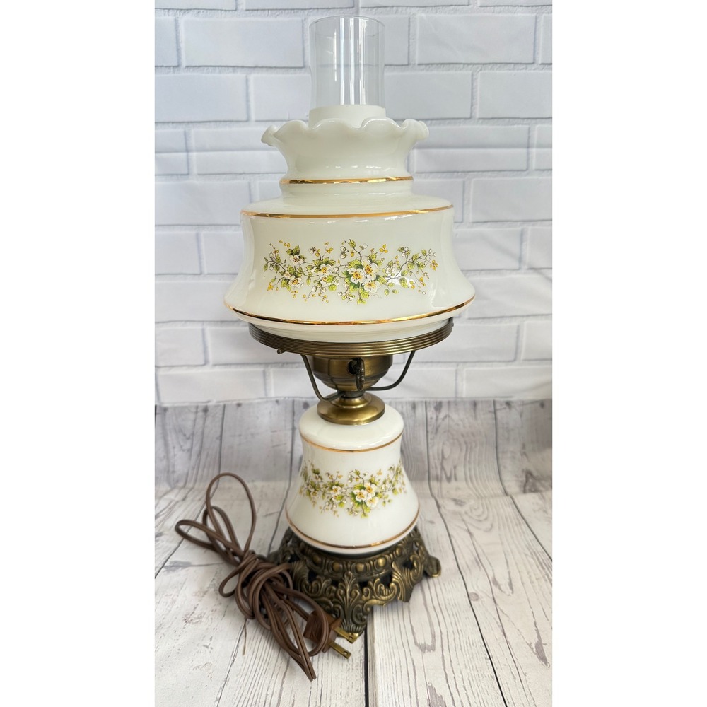 Vintage Milk Glass Hurricane Lamp Floral Ruffled Shade Gold Trim Brass Base 17in